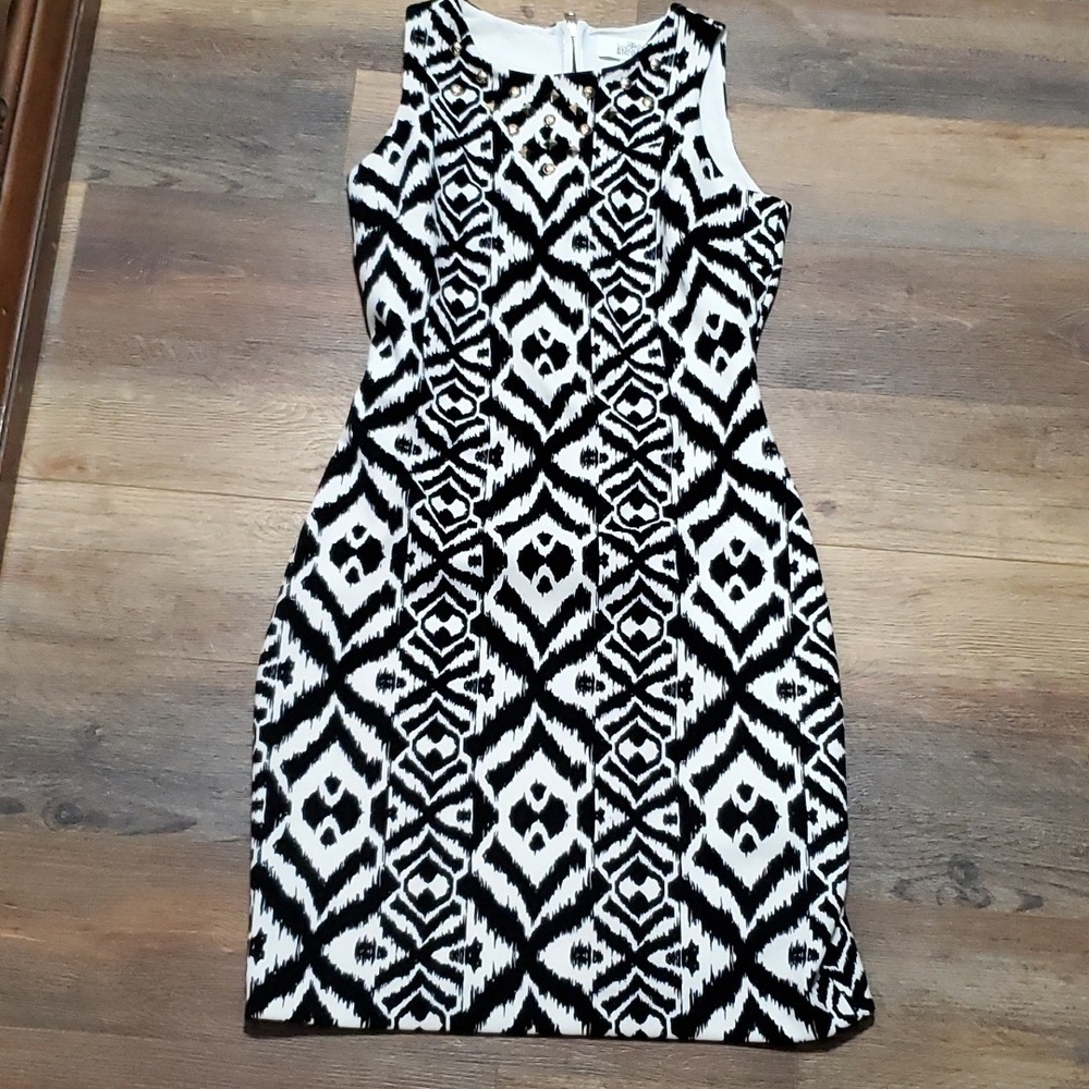Belle badgley mischka black white graphic sleeveless gold embellished dress